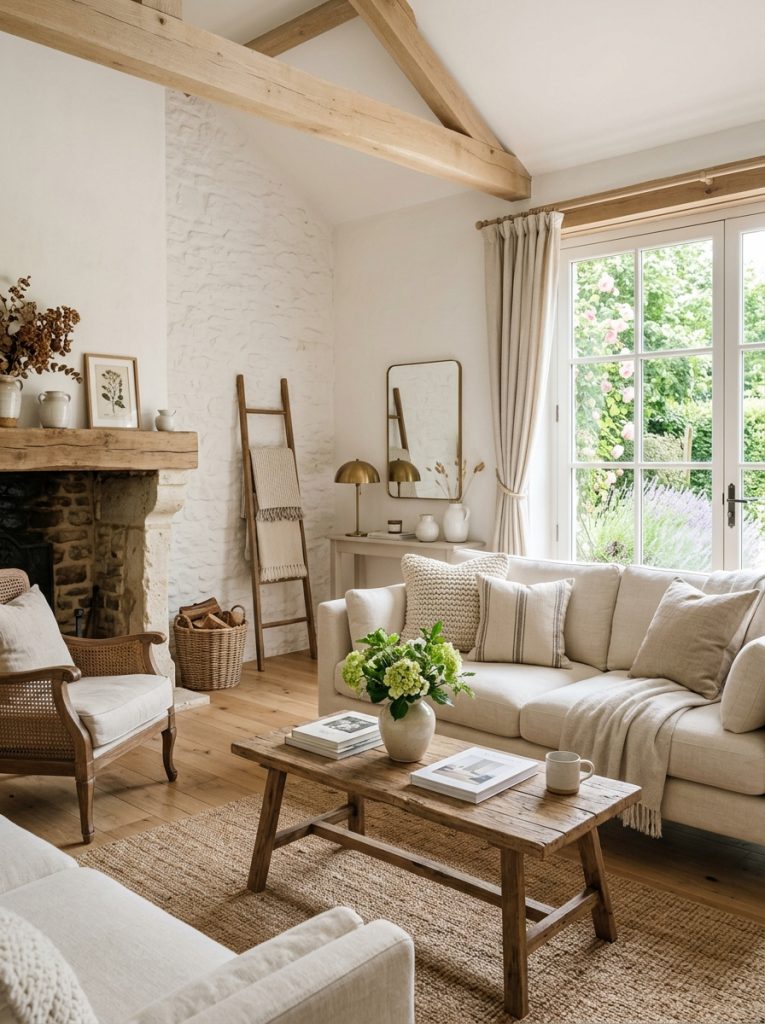  Beautiful modern french farmhouse living room with clean lines contemporary sofa farmhouse accents wooden elements and neutral tones 