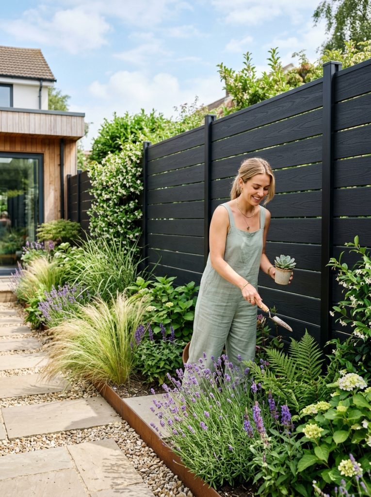 Beautiful modern garden fence with sleek horizontal boards black metal or composite materials as architectural contemporary garden boundary