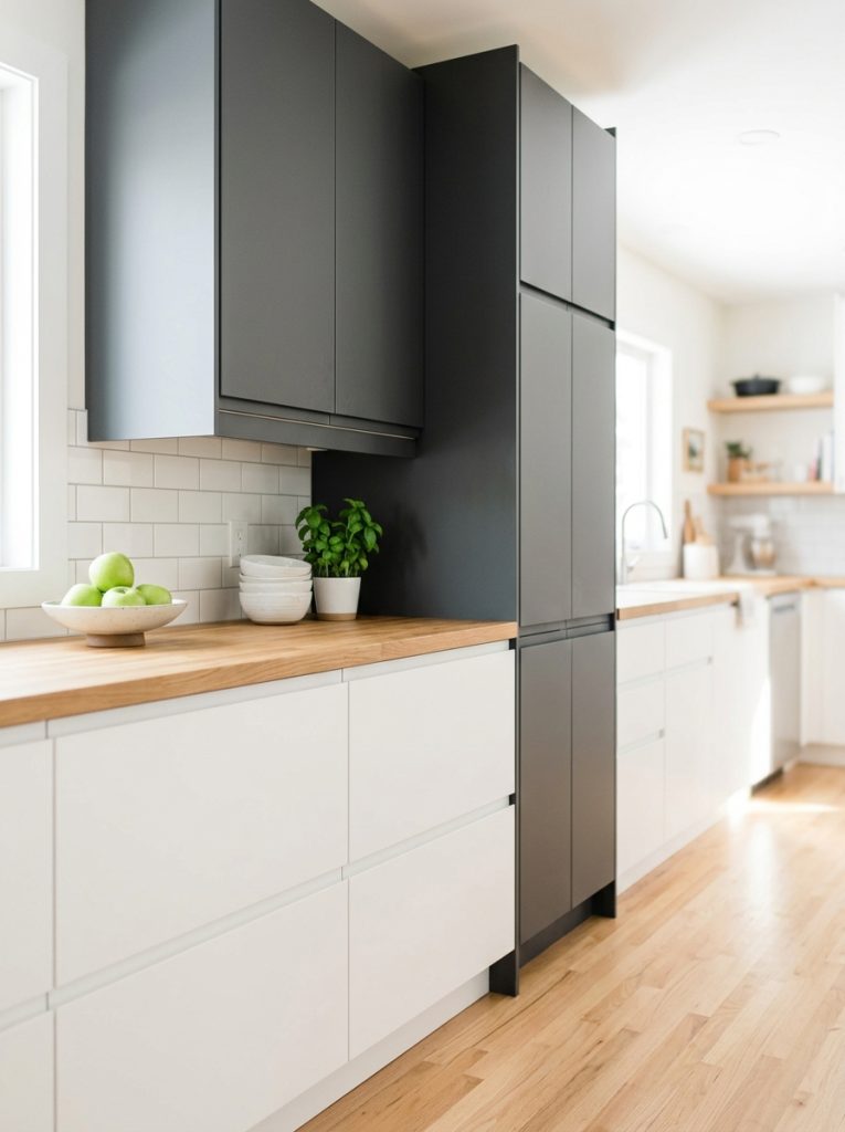 Beautiful modern DIY kitchen cabinets with sleek flat-panel design in white grey matte black integrated handles in architecturally refined kitchen 