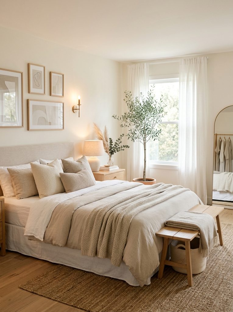 Beautiful aesthetic modern neutral bedroom with carefully curated accessories considered lighting beautiful textiles deliberate arrangement