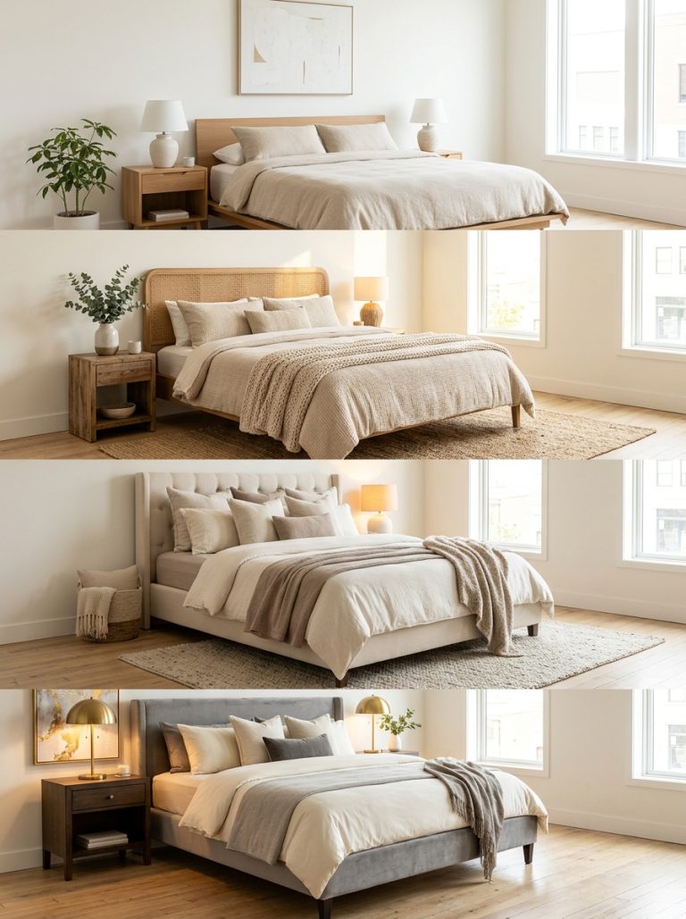 Beautiful modern neutral bedroom with minimalist linen organic natural textures cozy layered textiles and luxurious warm lighting styles