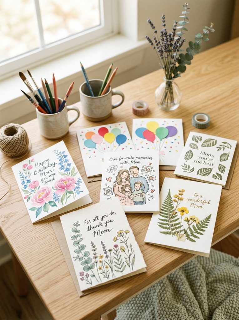 Beautiful mom birthday cards with floral appreciation messages family memory illustrations and elegant botanical designs in loving handmade cards