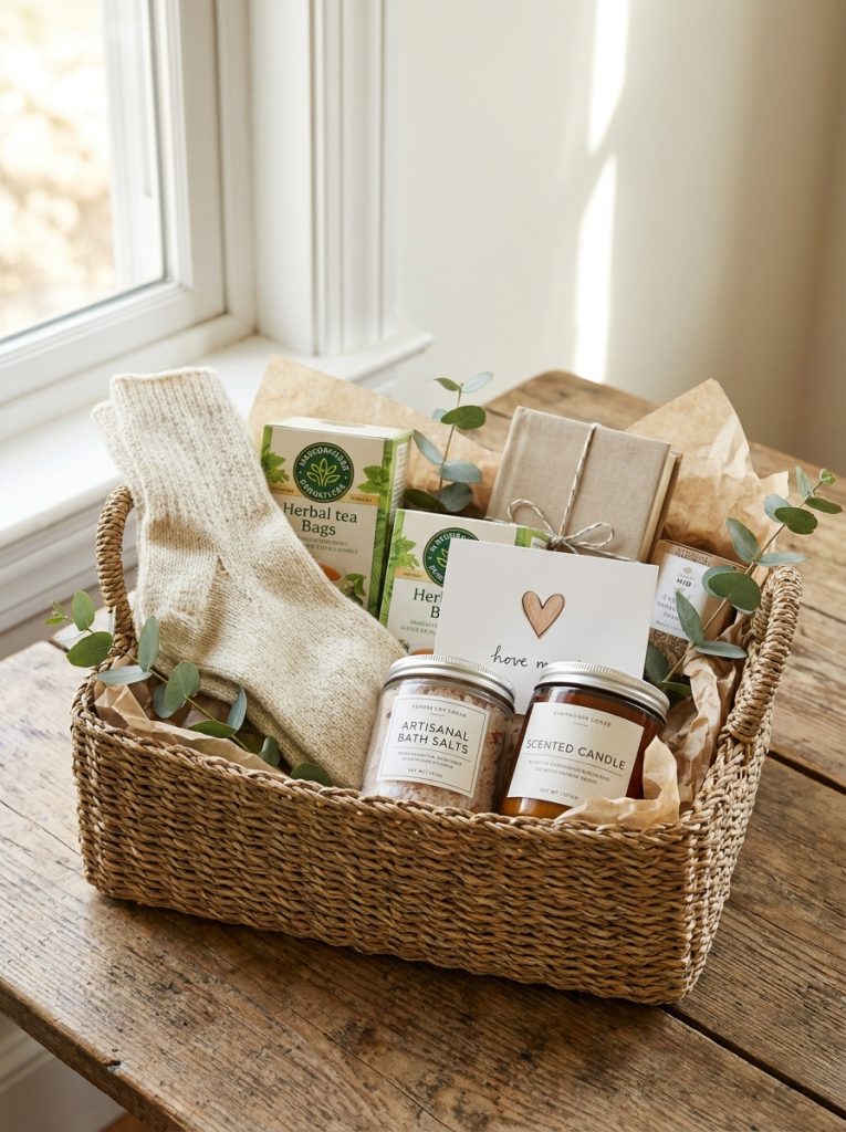 Thoughtful mom gift basket with cozy socks herbal teas favourite snacks book relaxation products and heartfelt handwritten note 