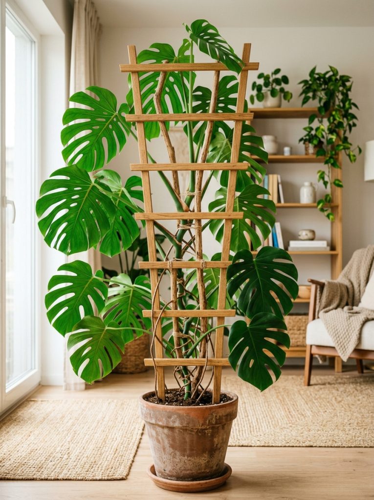 Beautiful monstera wood trellis DIY indoor support with wooden moss pole or stake supporting large healthy monstera with aerial roots