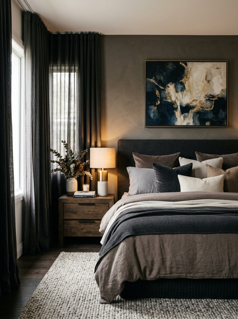 Beautiful moody modern neutral bedroom in warm taupe deep greige charcoal rich cream with atmospheric warm lighting