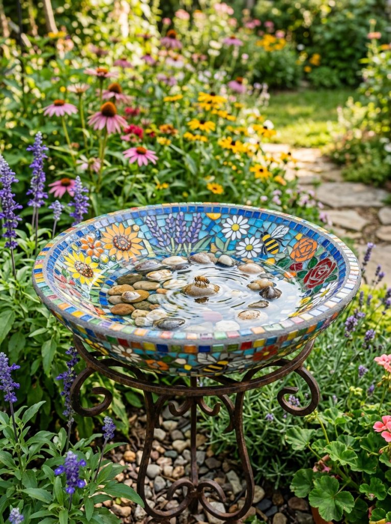 Stunning mosaic bee bath DIY with colorful glass mosaic tiles in flower and bee patterns set in grout filled with water pebbles in garden 
