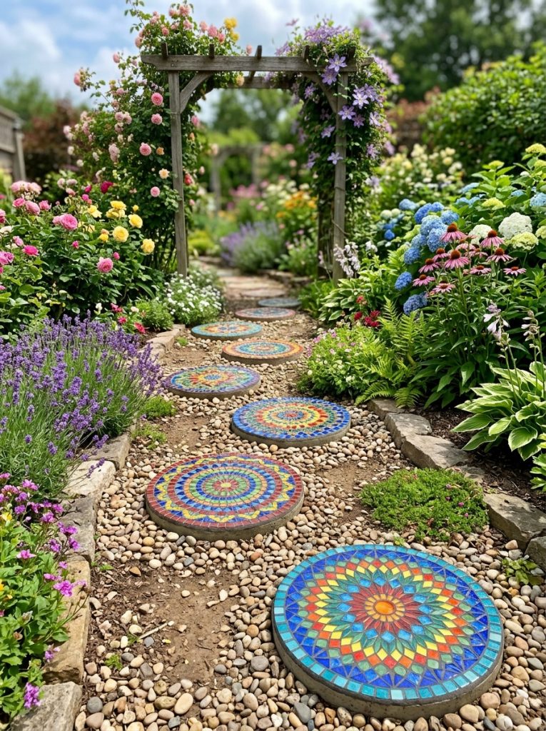 Beautiful mosaic stepping stones DIY with colorful glass tiles in flower mandala and geometric patterns set in grout along garden path