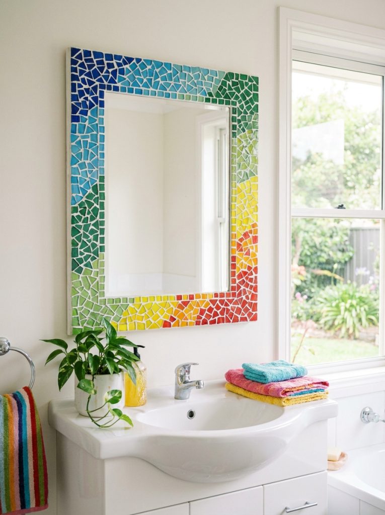  DIY mosaic tile mirror frame with small colorful glass tiles in pattern around bathroom mirror