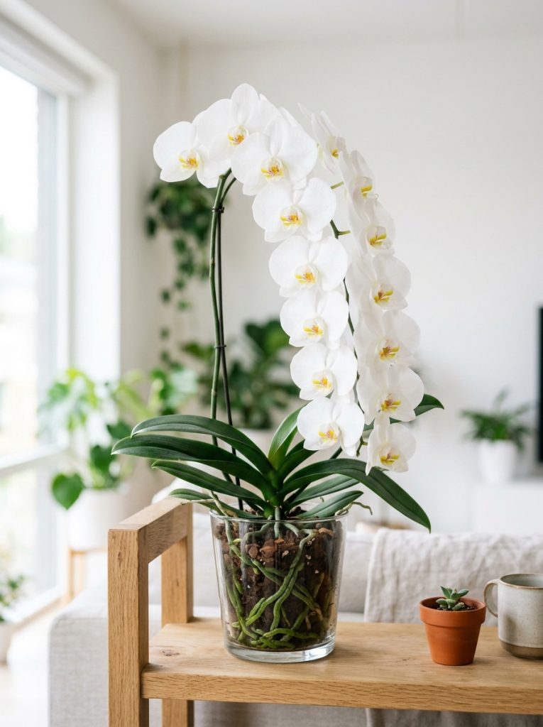 Healthy white moth orchid phalaenopsis in clear pot on bright indoor shelf with multiple open blooms