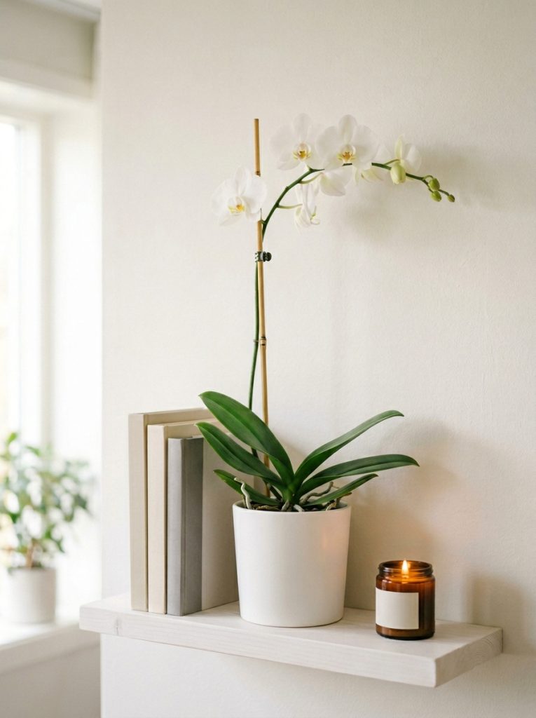 Single white moth orchid in clean white ceramic pot on minimal shelf with books and candle soft light