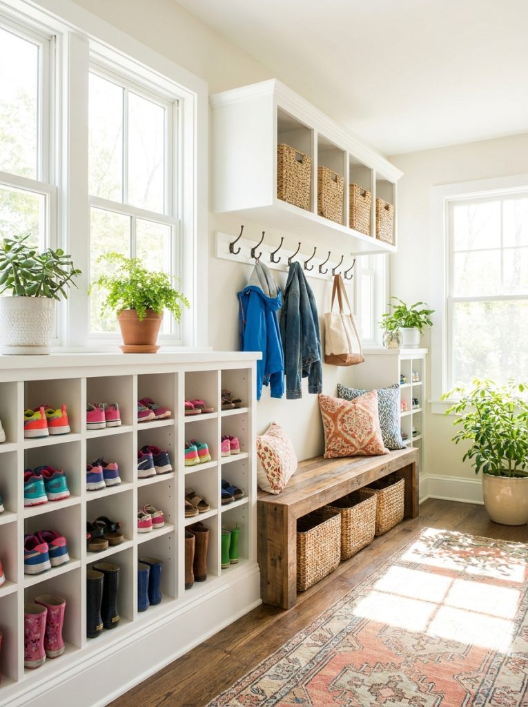 Beautiful mudroom shoe storage with dedicated cubbies coat hooks bench seating and coordinated storage in bright styled mudroom