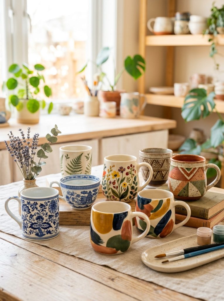 Beautiful mug cup pottery painting with blue white organic abstract botanical illustrated and earthy tone ceramic mug designs 