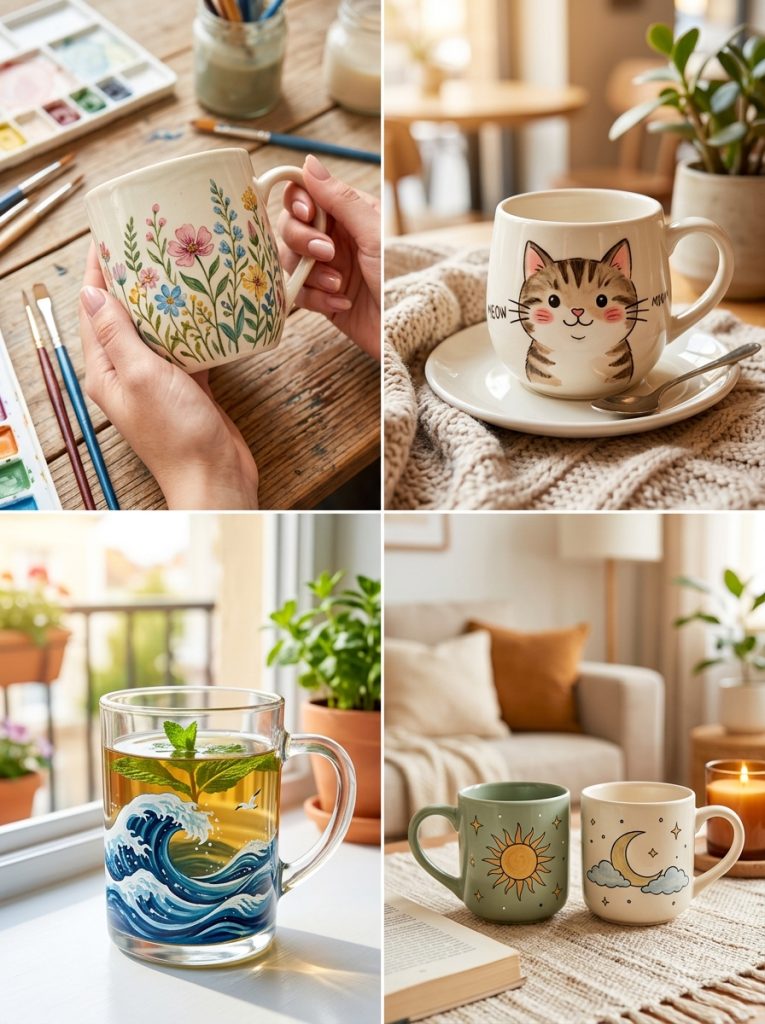 Four mug painting ideas including delicate floral ceramic cute cat coffee elegant ocean wave glass and charming matching couple set