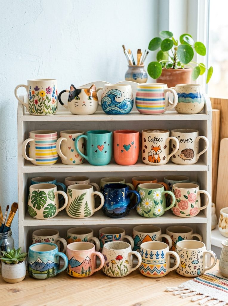 Complete mug painting ideas collection with floral ceramic cat ocean striped couple blue pink green coffee aesthetic cute designs displayed