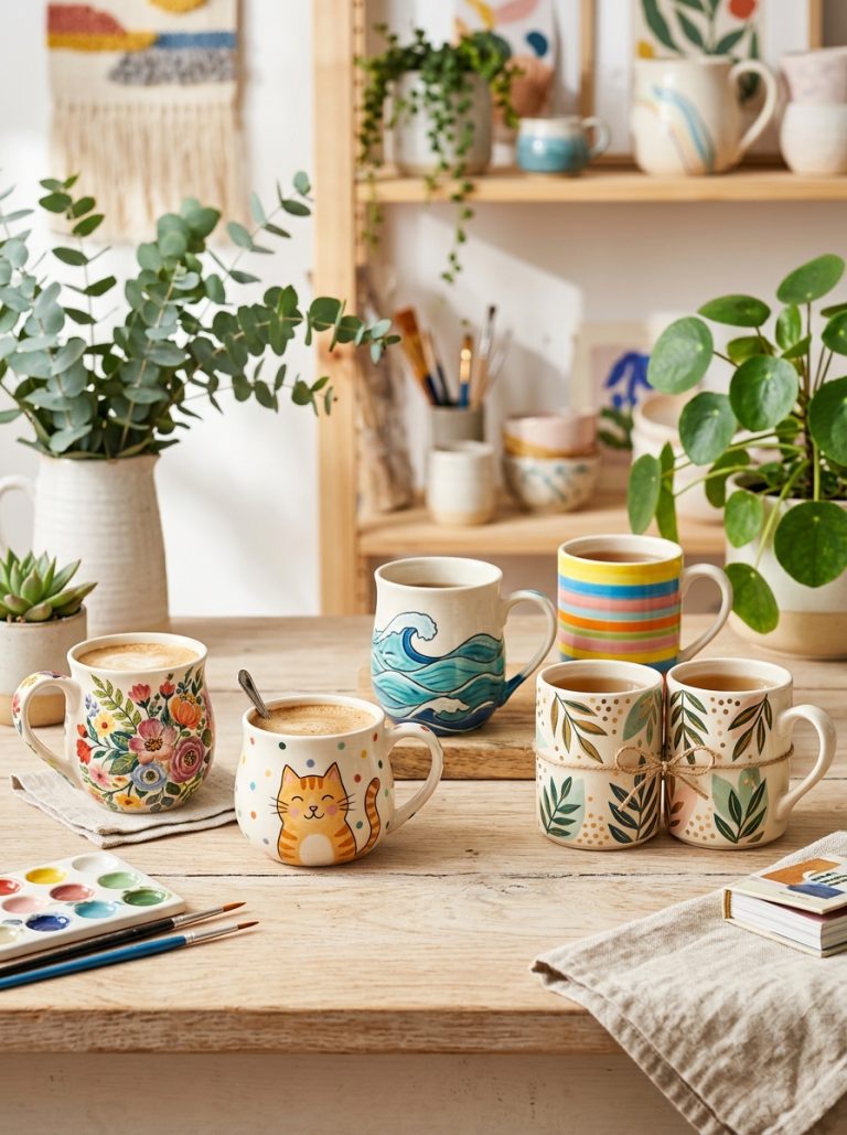 Beautiful mug painting ideas display with floral ceramic cat coffee ocean wave striped and matching couple mugs on bright styled surface