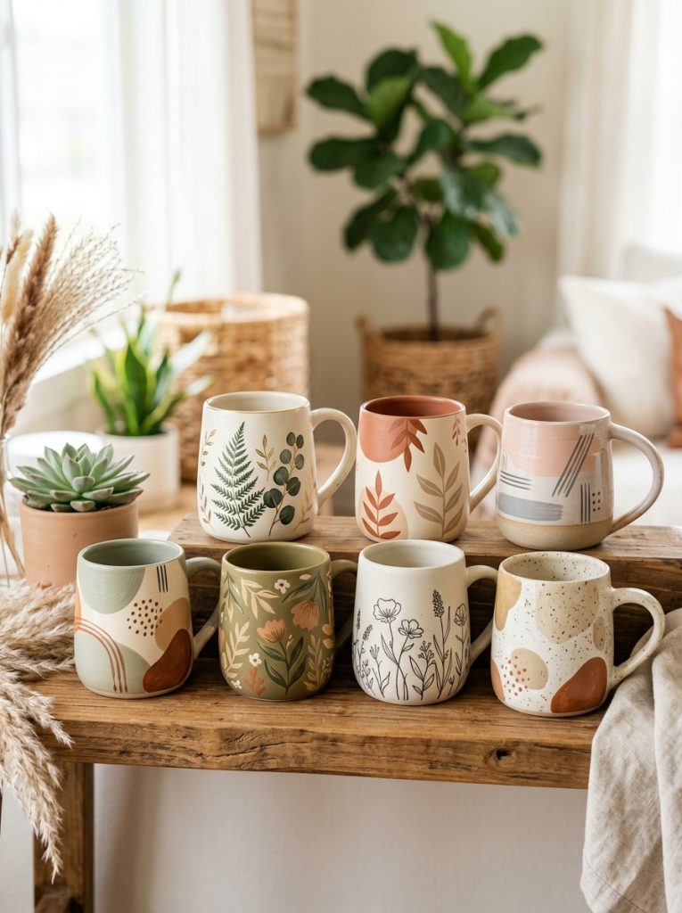  Beautiful aesthetic mug painting with neutral abstract earthy botanical minimalist plant and artfully composed designs on ceramic mugs