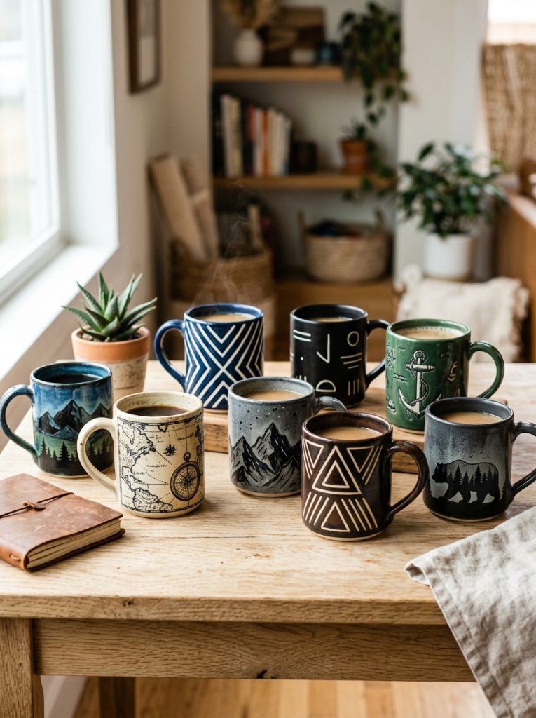 Beautiful bold mug painting for men with dark geometric mountain nature minimalist vintage map and strong graphic designs 