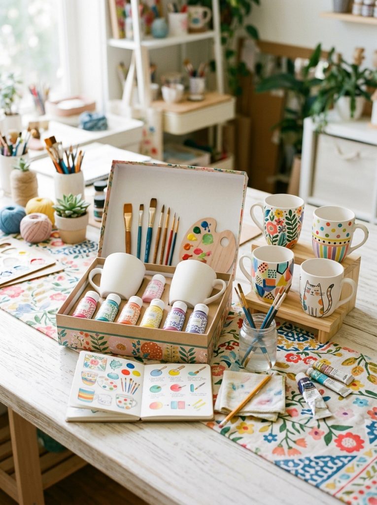  Complete mug painting kit with blank mugs paints brushes instructions alongside completed sample painted mugs on bright craft surface 