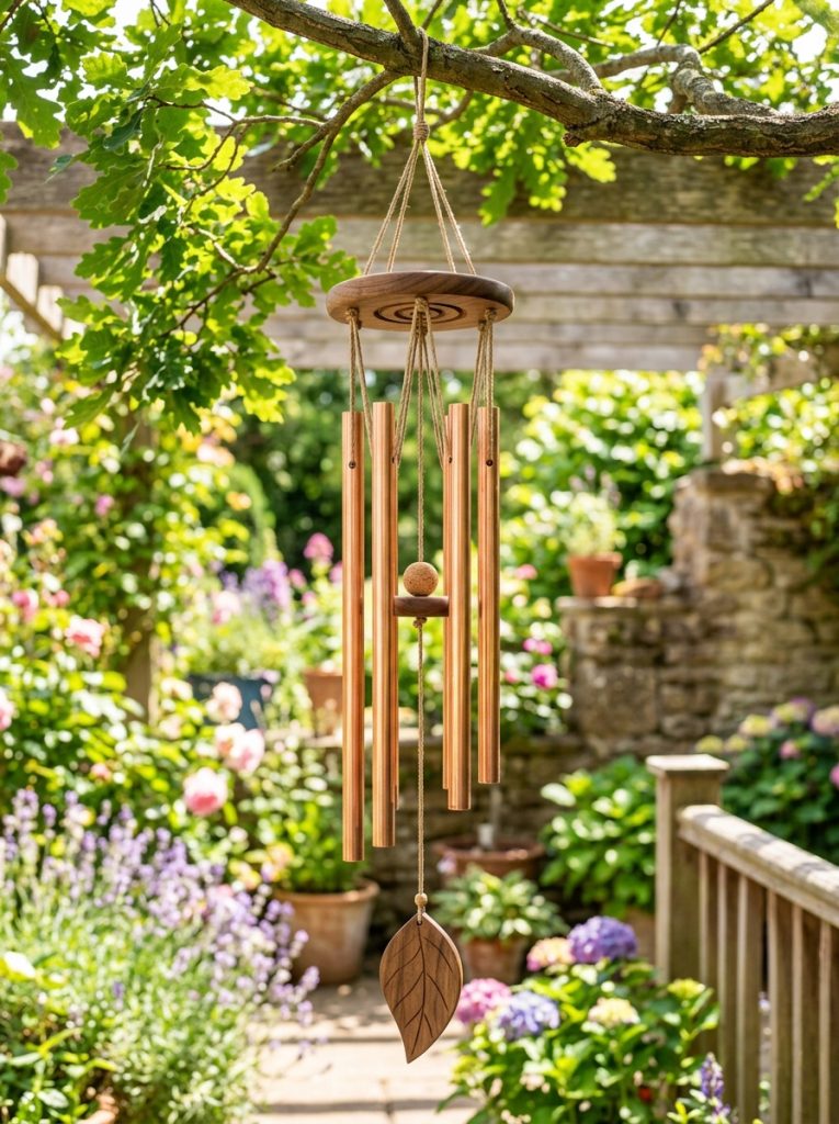 Beautiful musical DIY wind chime with copper pipes or metal tubes cut to different lengths for harmonically tuned outdoor sound 