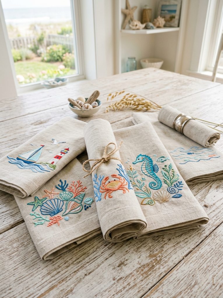 Beautiful napkin sea embroidery with delicate ocean motifs coastal botanicals and charming sea creatures on plain linen napkins