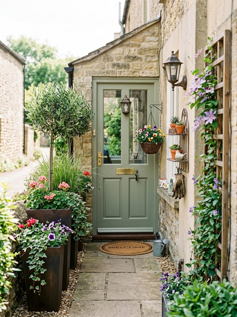  Beautiful narrow outdoor entryway decor with tall slim planters wall-mounted elements vertical displays for tight entrance spaces 