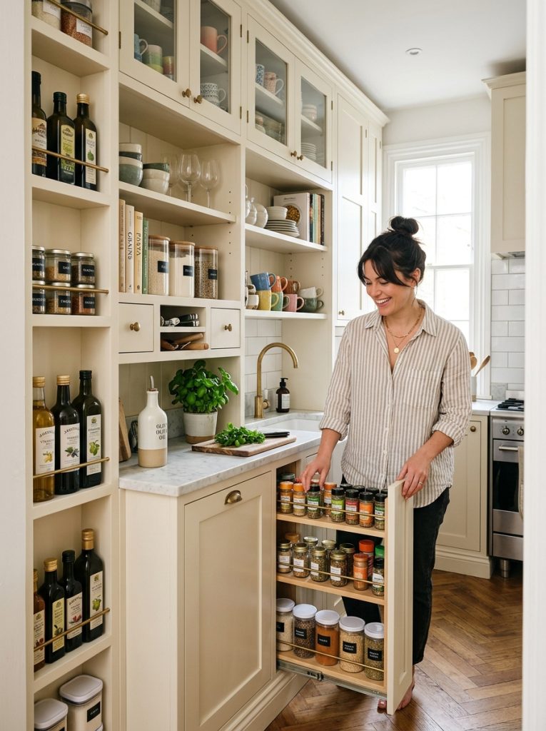 Beautiful narrow kitchen DIY cabinet solutions with slim profile storage designs maximizing every centimeter of limited kitchen width