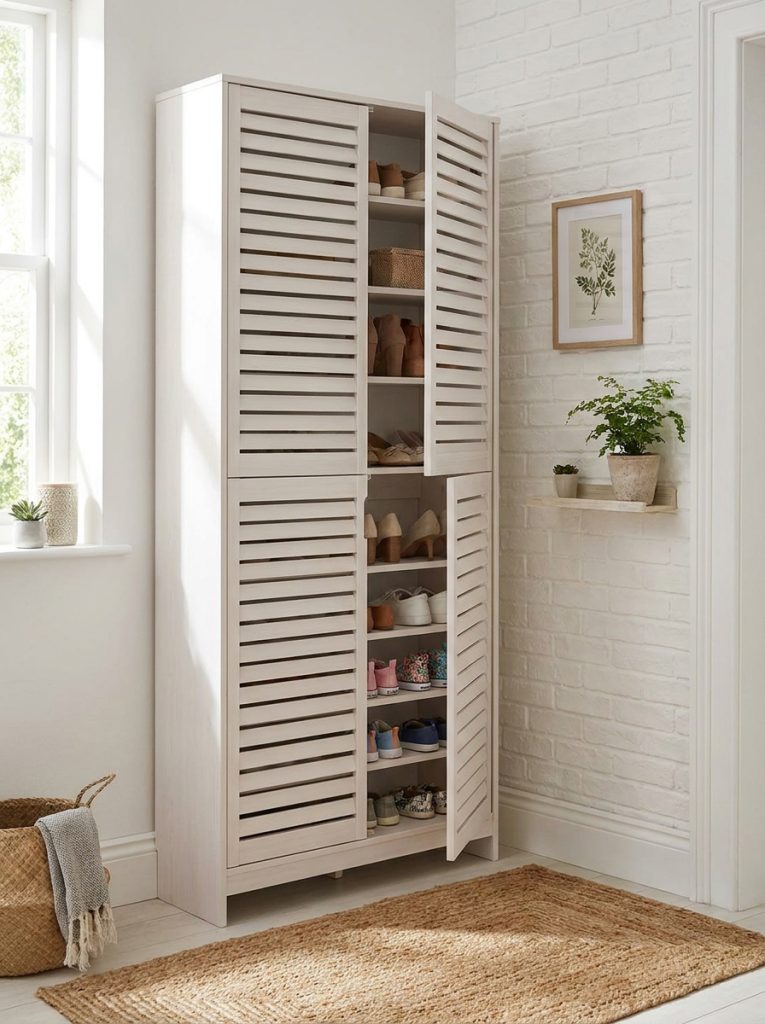 Beautiful narrow shoe cabinet in small entryway with slim profile clean modern finish storing multiple pairs taking minimal floor space 