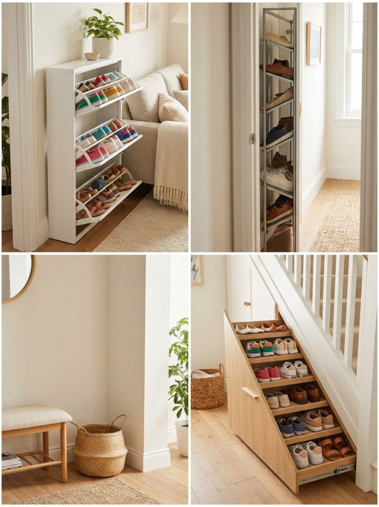 Brilliant narrow small space shoe storage with ultra-slim gap fillers angled racks and thin profile solutions in impossibly tight spaces