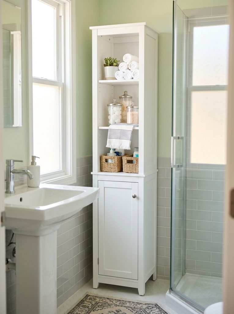 Beautiful narrow tall bathroom storage cabinet with slim profile fitting tight space providing impressive vertical storage in minimal floor footprint