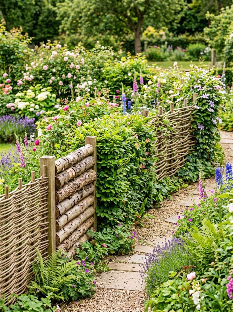 Beautiful natural garden fence ideas with woven willow hurdles stacked logs living hedges and branch weave as organic boundary features