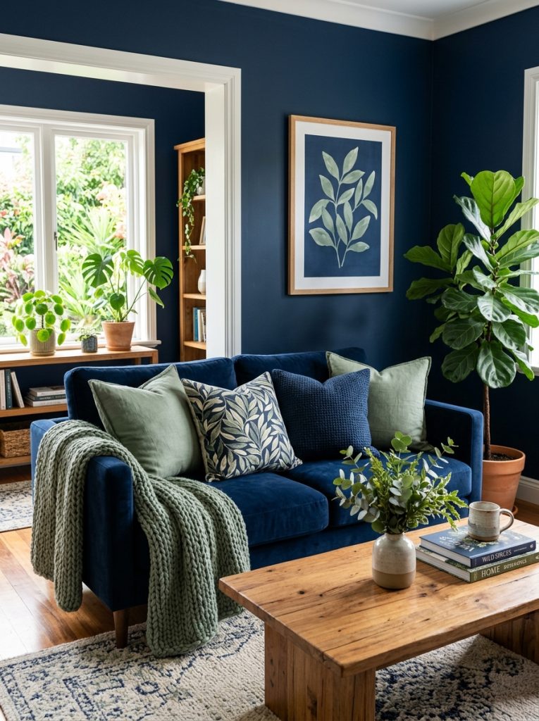  Beautiful navy blue living room with sage green throw pillows blanket natural wood coffee table and botanical plants