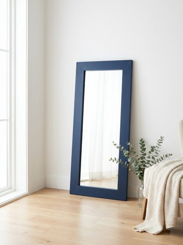 Plain wood mirror frame painted bold deep navy blue leaning against bright white wall clean minimal room