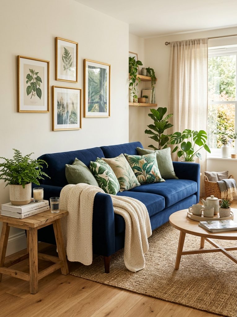 Beautiful living room with navy blue couch green botanical cushions cozy throw blanket and natural wood side table 