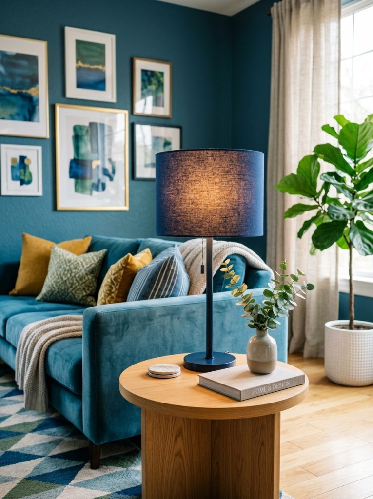  Beautiful modern navy blue lamp on side table casting warm light in sophisticated modern blue and green living room 