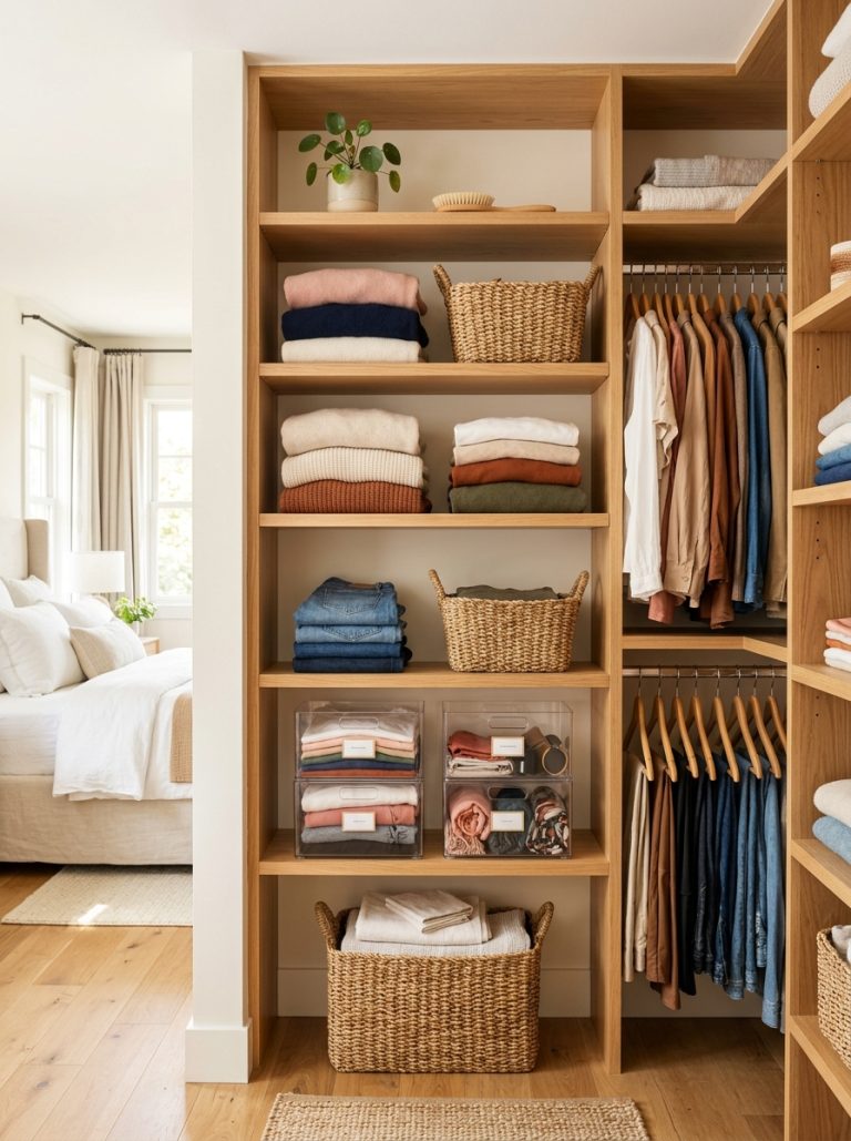 Neatly organized bedroom closet with baskets bins and folded clothes on shelves