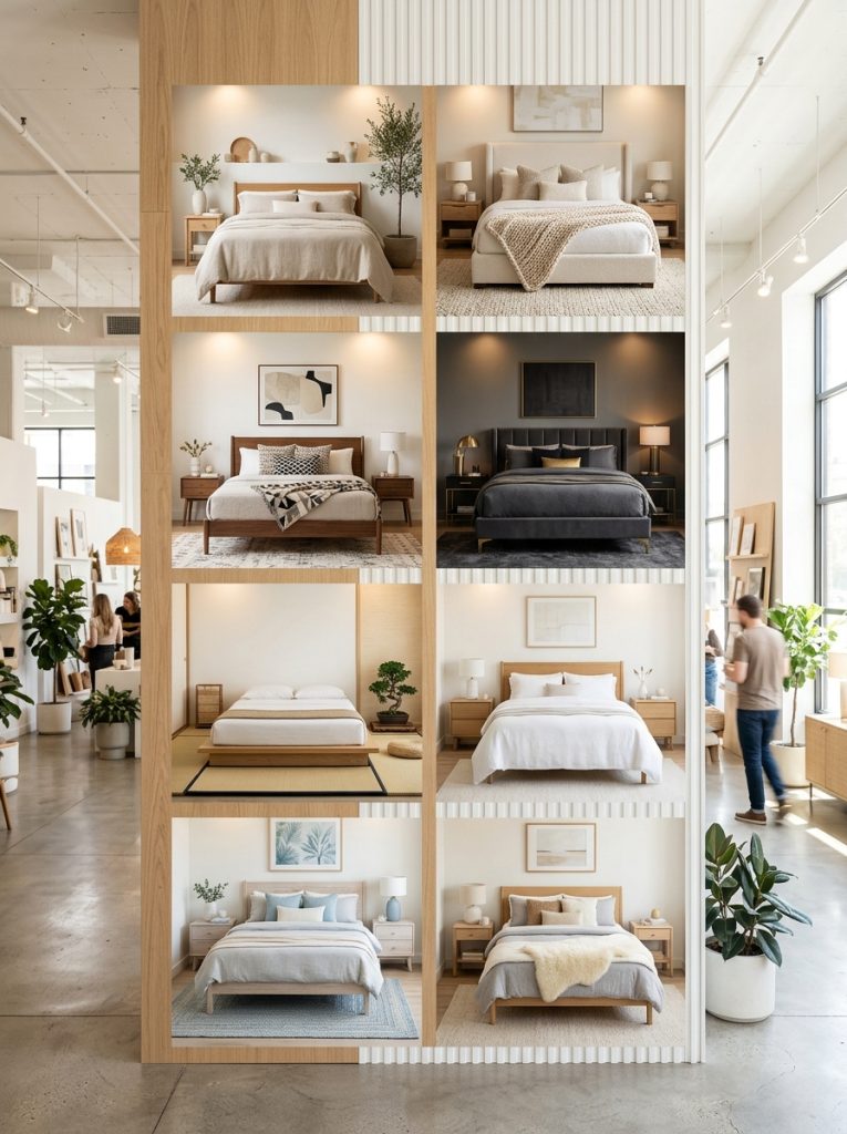 Complete modern neutral bedroom with minimalist organic cozy aesthetic mid-century moody luxury zen and simple designs displayed 