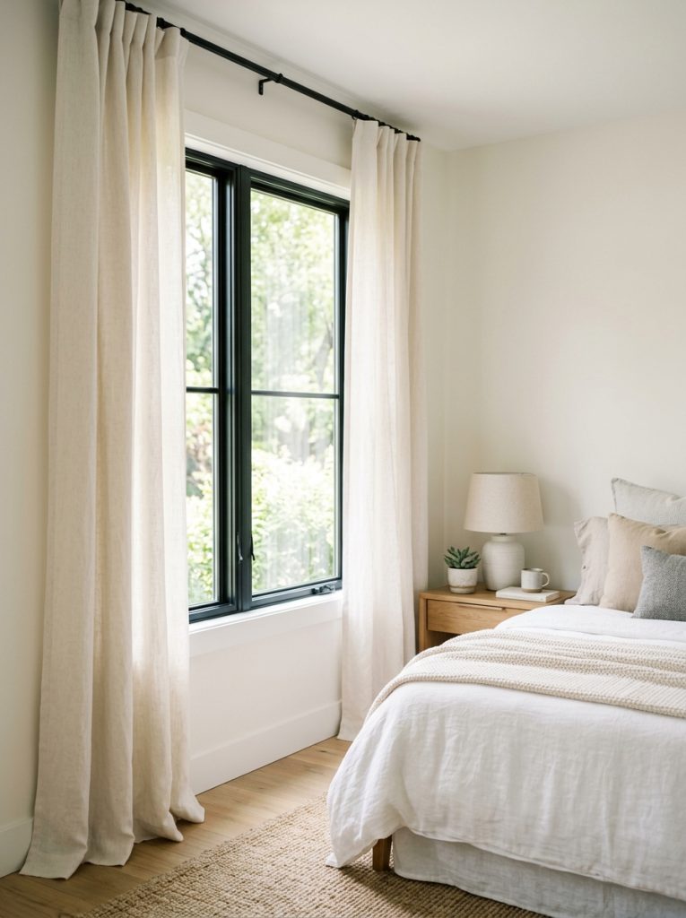  Beautiful neutral bedroom curtains with floor-length linen cotton in cream soft white creating soft light-filtering window treatment