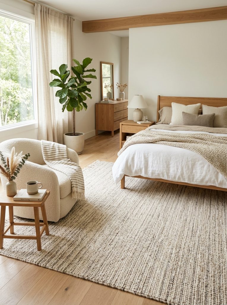  Beautiful modern neutral area rug in cream beige warm grey anchoring bedroom creating grounded warmly textured foundation 