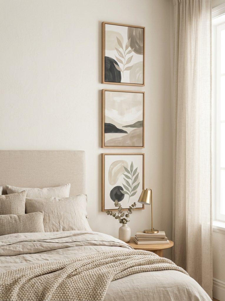  Beautiful neutral wall art canvas with abstract minimal botanical or landscape designs on neutral bedroom walls as sophisticated display
