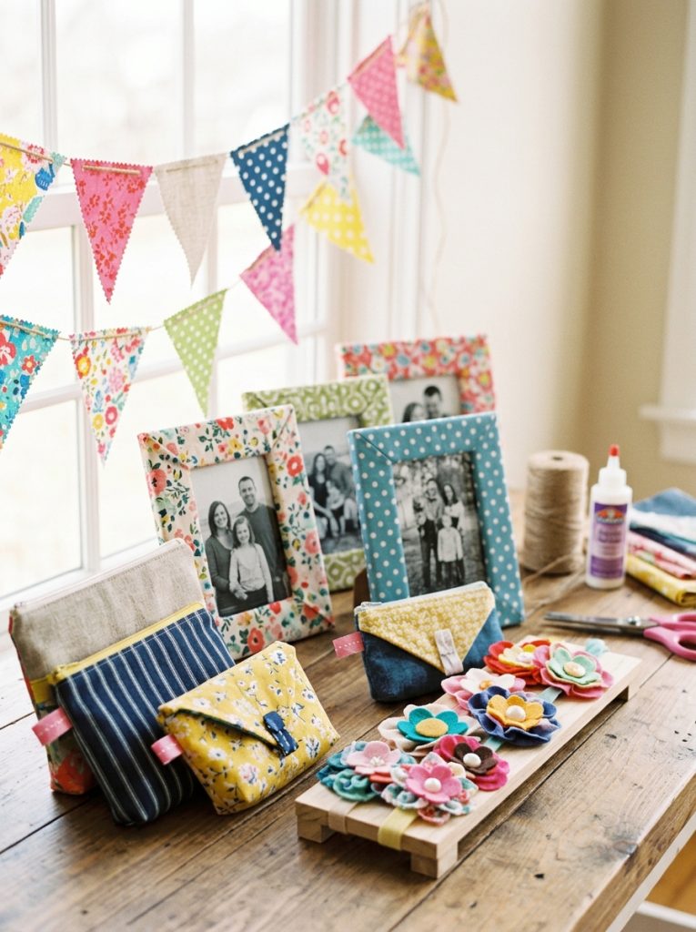 Beautiful no sew fabric crafts with wrapped photo frames bunting flower headbands and pouches made without sewing using fabric glue