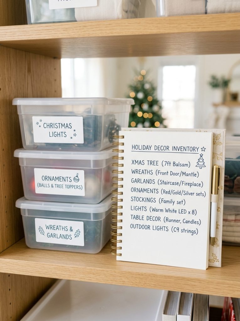  Notebook with holiday decor inventory list beside neatly labeled storage bins on bright clean shelf