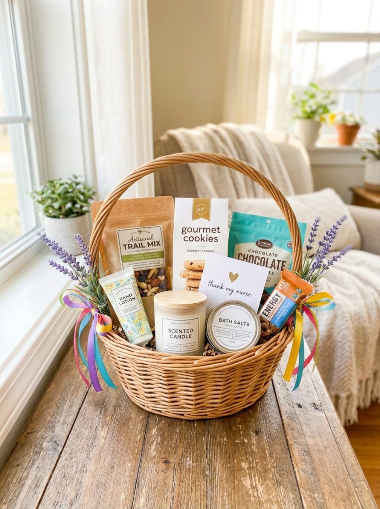 Beautiful nurse appreciation gift basket with comfort snacks self-care items relaxation products energy treats and heartfelt appreciation note