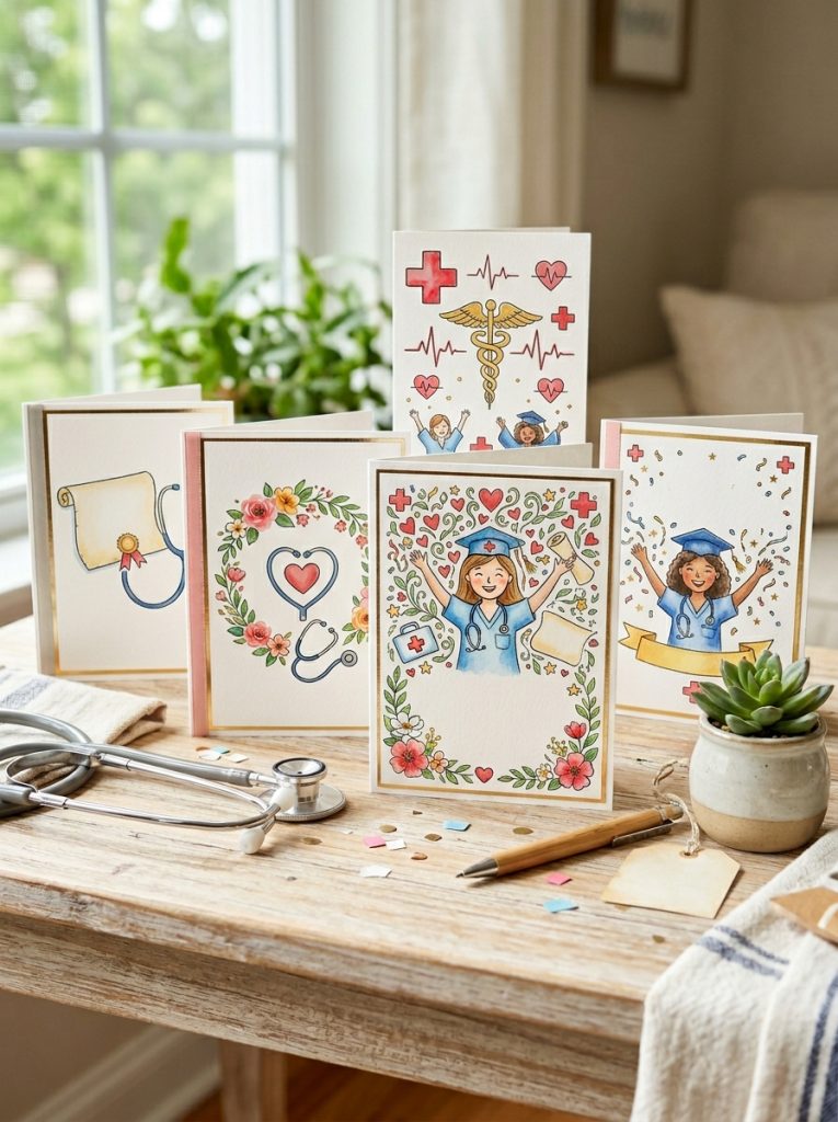 Beautiful nurse graduation cards with stethoscope elements medical cross symbols celebratory nurse imagery and appreciation messages displayed