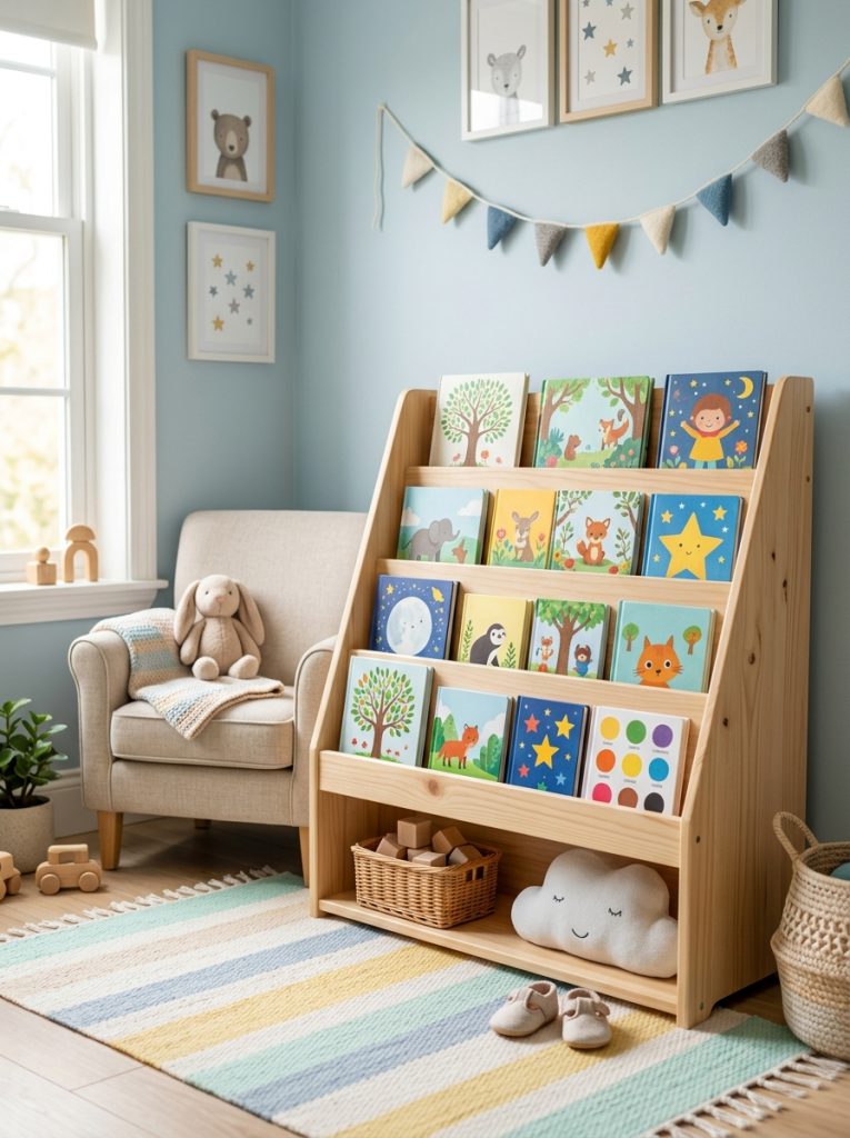 Nursery book storage display rack with picture books face out showing colorful covers at toddler height in pastel nursery