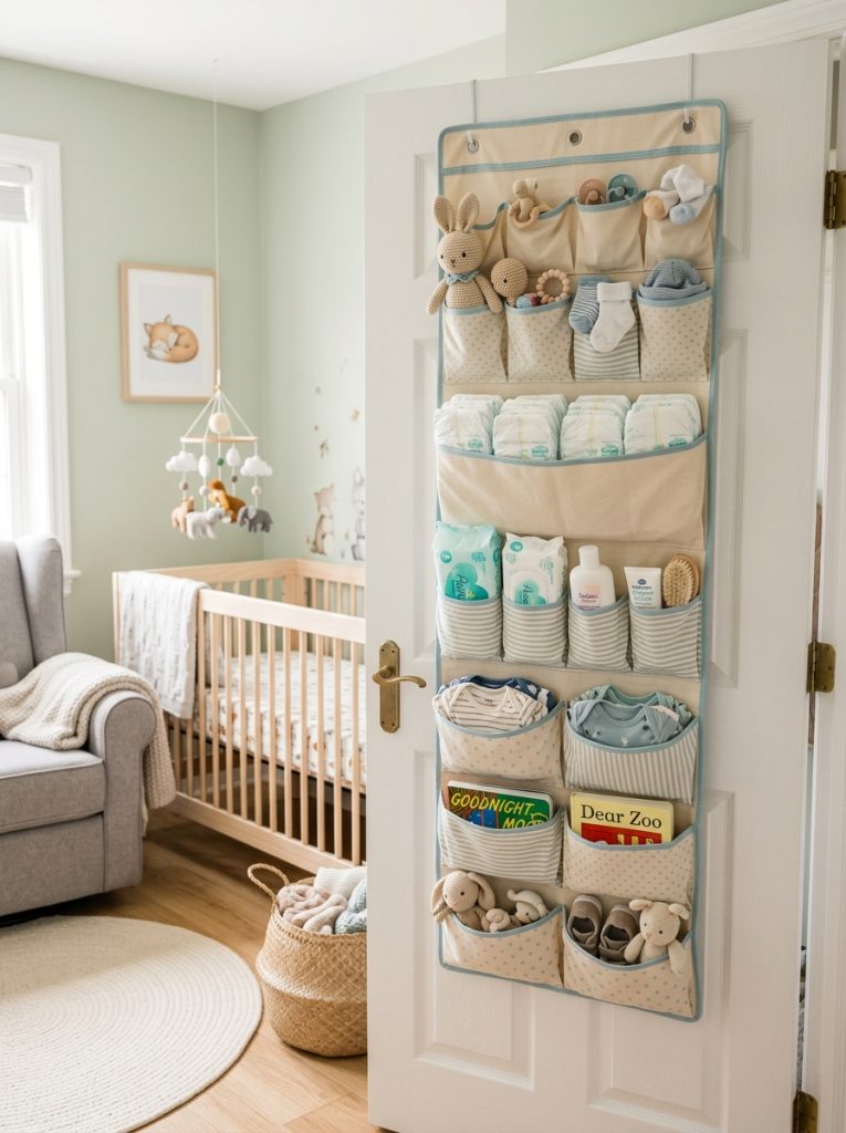 Nursery closet door with over door organizer holding diapers wipes toys and baby accessories