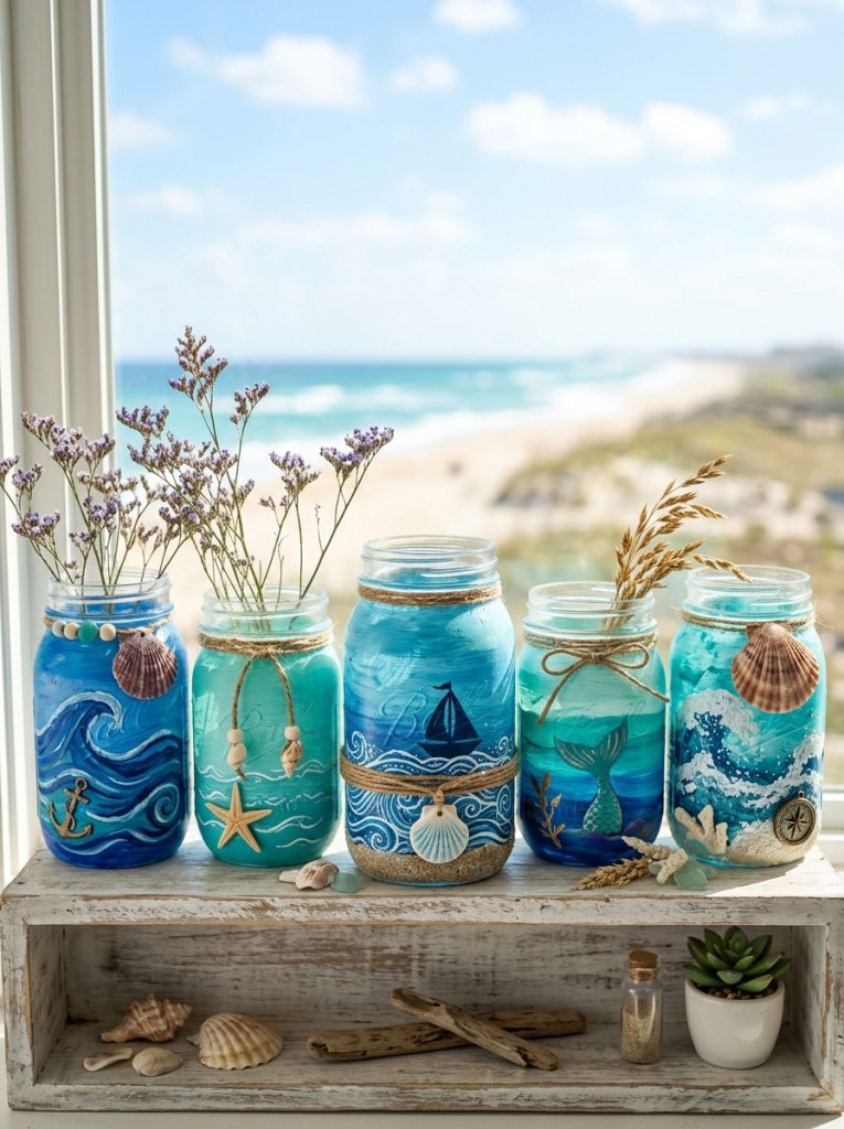  Beautiful ocean themed mason jar painting with layered ocean blue teal tones wave details and sea foam white beach elements