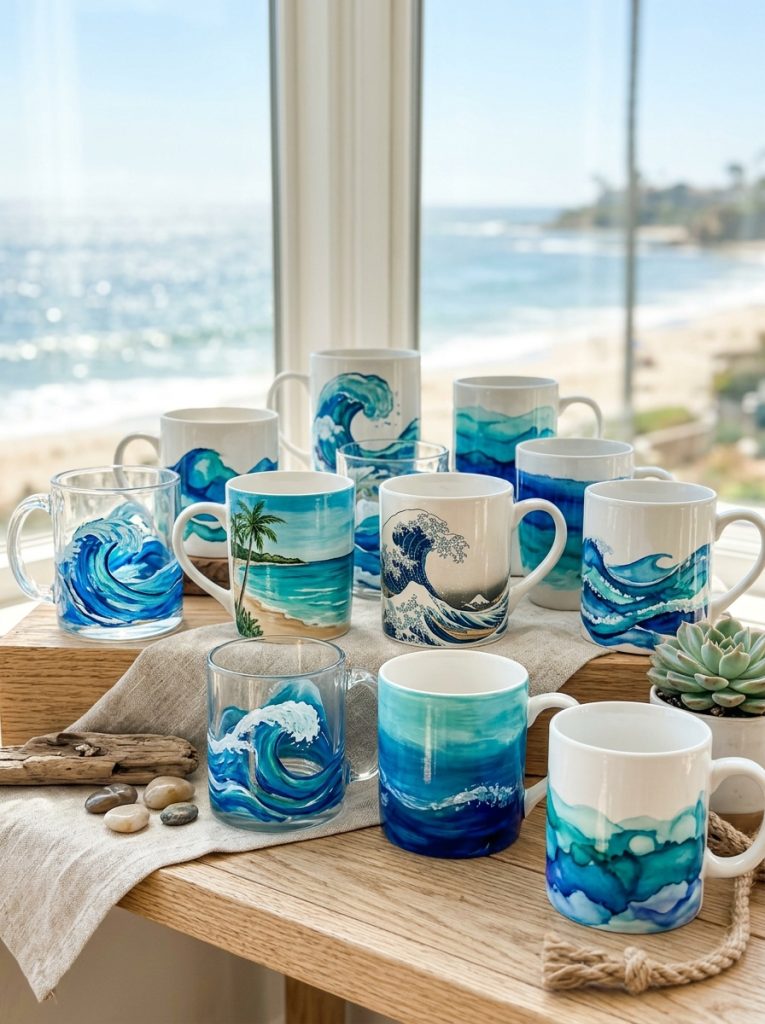  Beautiful ocean wave mug painting with fluid watercolor waves Japanese patterns coastal blue gradients and ocean scenes on ceramic glass mugs 