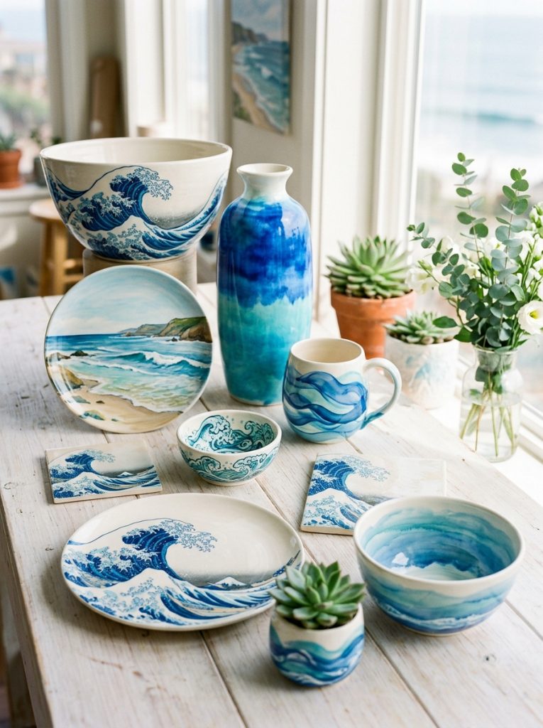 Beautiful ocean wave pottery painting with fluid blue waves Japanese designs gradient washes coastal scenes on bowls vases plates