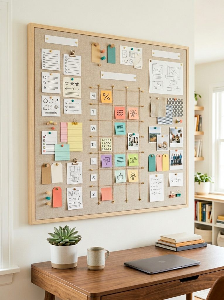  Large DIY office cork board with linen fabric cover organized with sections for to-do lists schedule and notes in bright home office