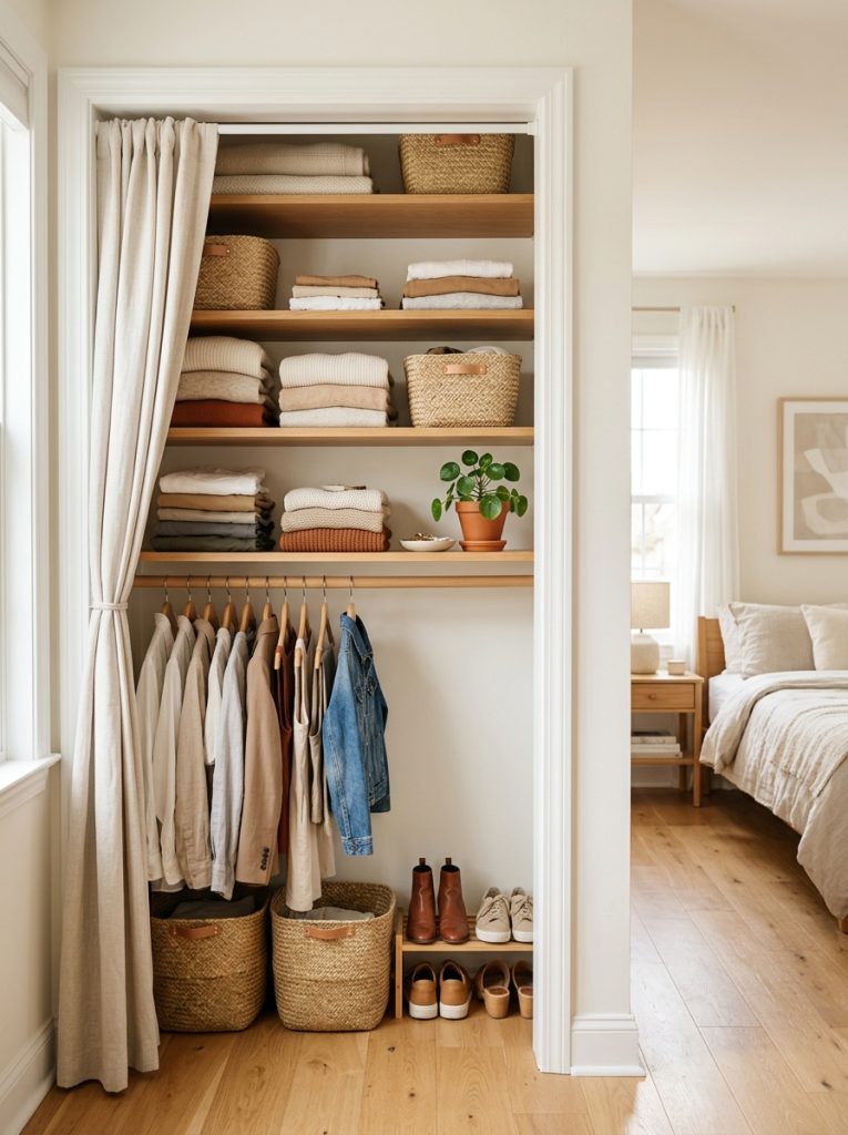 Open floating shelves in bedroom closet with folded clothes baskets and small plant